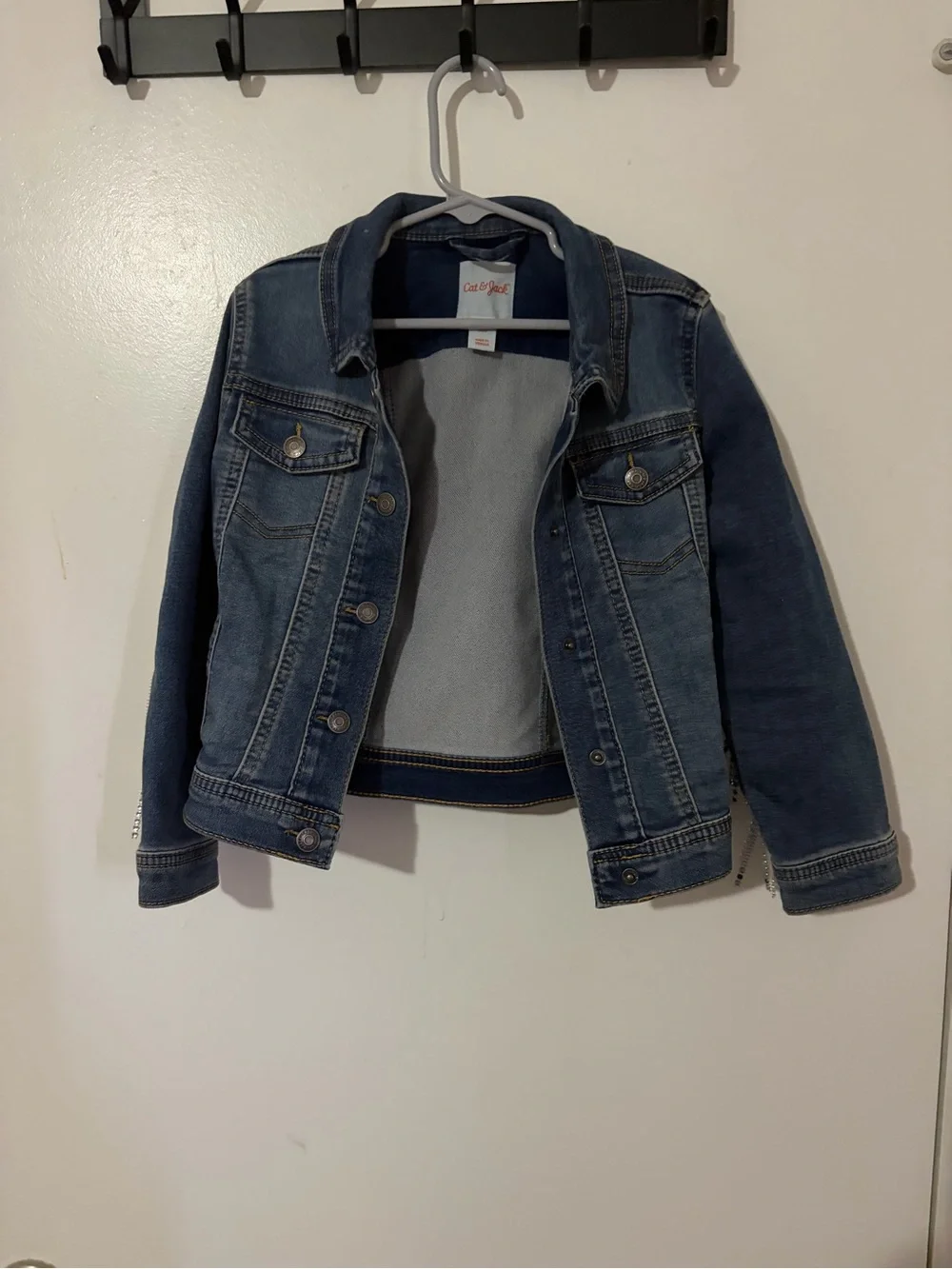Custom Cat & Jack Kids' Dark Blue Denim Jacket with fringe on back 5T